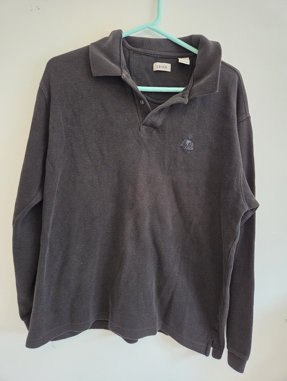 Vintage IZOD Polo Shirt Long Sleeve Charcoal Gray Cotton Pullover Size L